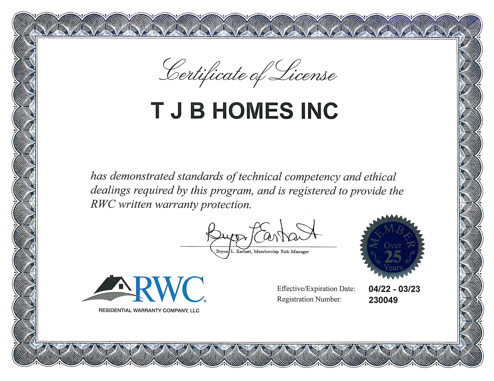 TJB Homes has demonstrated standards of technical competency and ethical dealings required by this program, and is registered to provide the RWC written warranty protection