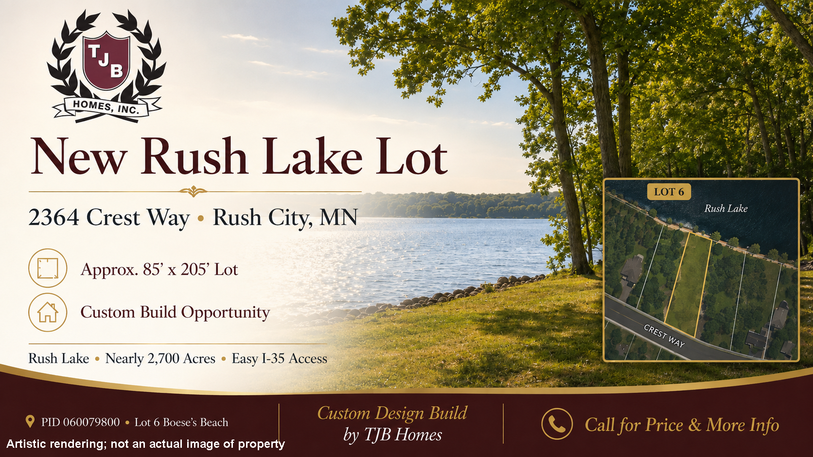 Rush Lake lot at 2364 Crest Way in Rush City, Minnesota available for a custom TJB Homes build