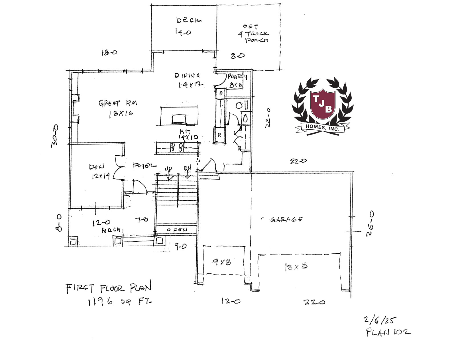 Dahlia Home Plan First Floor Plan features Great Room, Kitchen, Dining, Walk In Pantry, Den, Front Porch, Deck, Optional 4 Season Porch, Foyer, Mudroom, Triple Car Garage