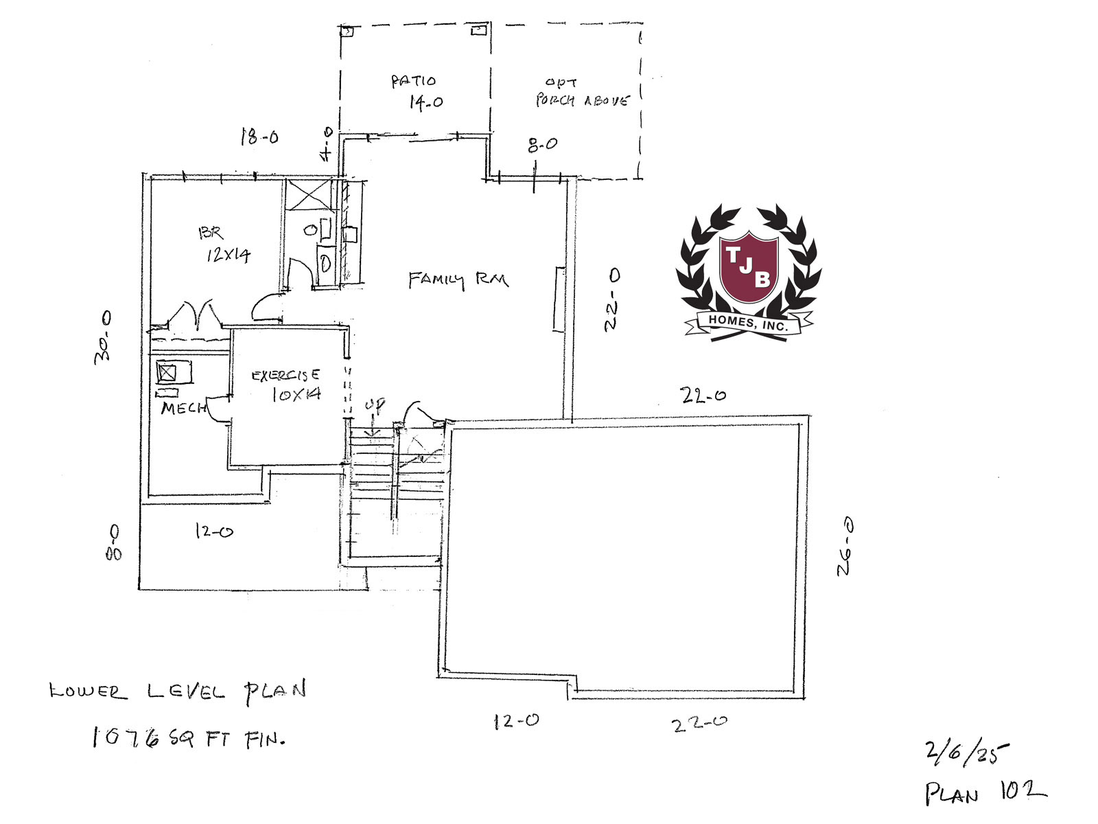 Dahlia Home Plan Lower Level Floor Plan features Media Area with Wet Bar and Game Area, Bedroom, Bath, Exercise Room, Mechanical Room, Patio