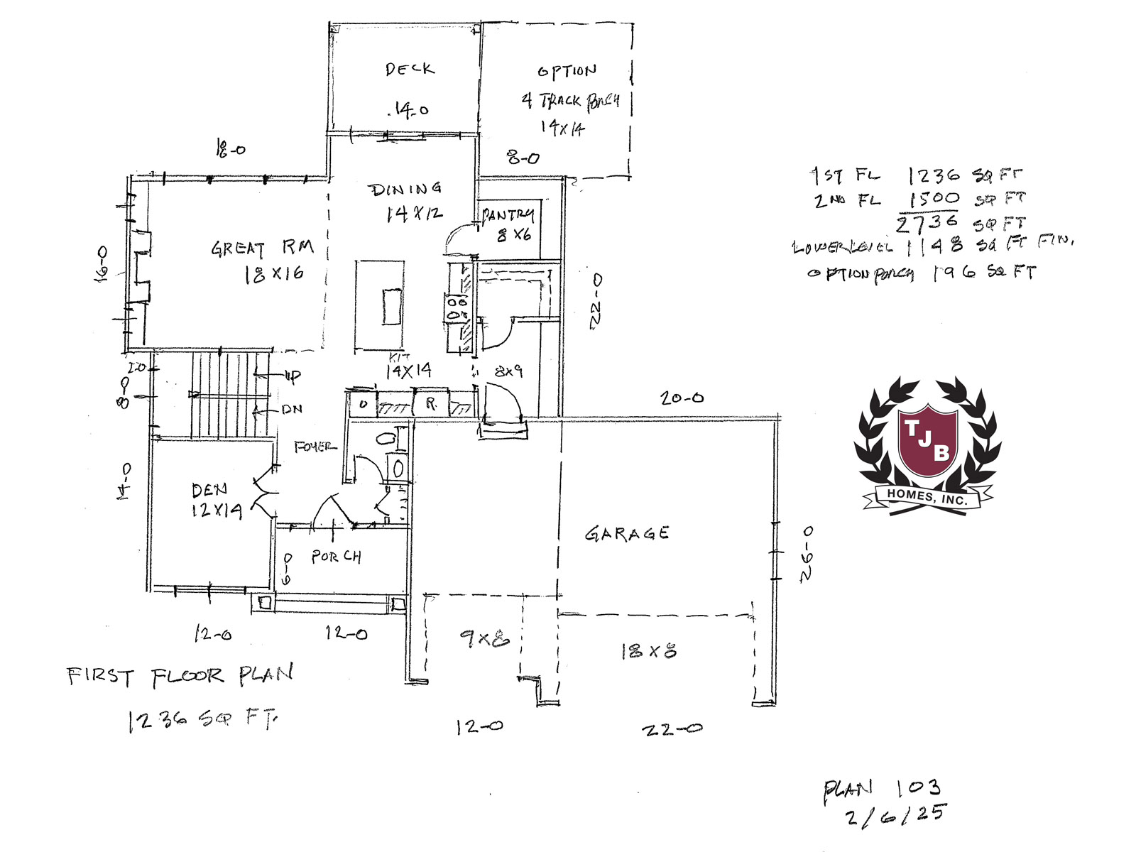 Lotus Home Plan First Floor Plan features Great Room, Kitchen, Dining, Walk In Pantry, Den, Front Porch, Deck, Optional 4 Season Porch, Foyer, Mudroom, Triple Car Garage