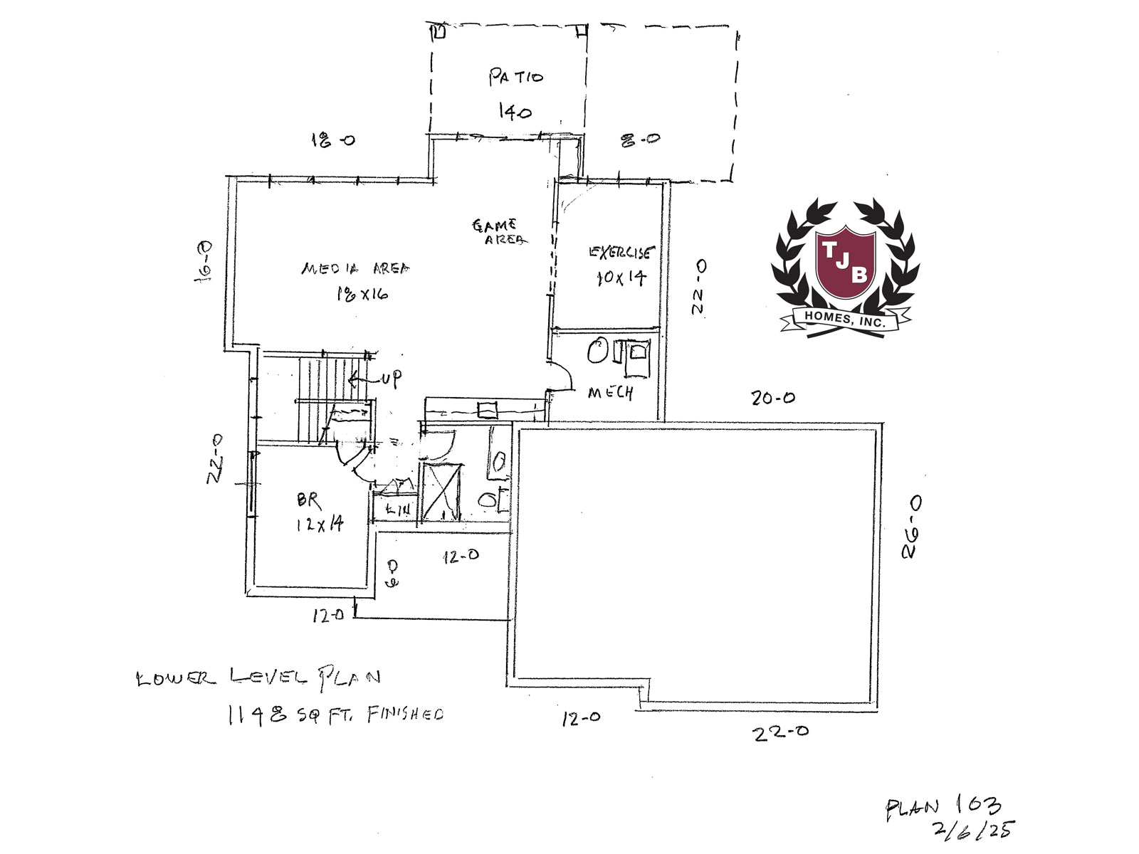 Lotus Home Plan Lower Level Floor Plan features Media Area with Wet Bar and Game Area, Bedroom, Bath, Exercise Room, Mechanical Room, Patio