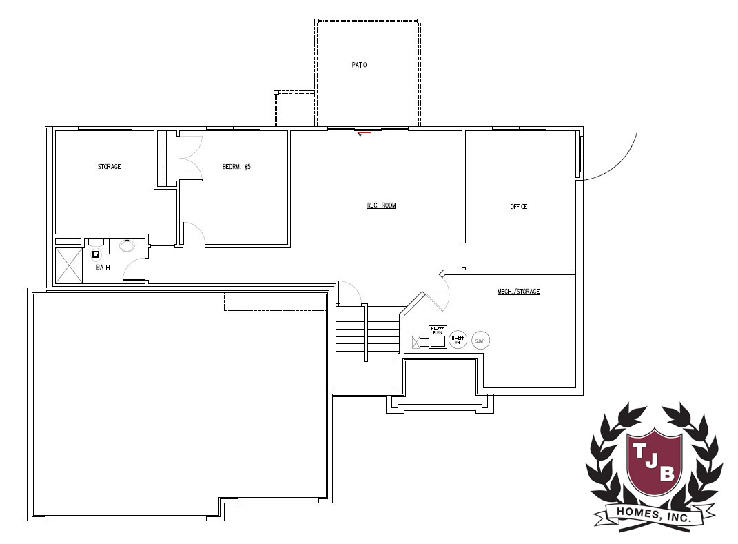 TJB #753 Home Plan Lower Floor Plan features bedroom, rec room, bath, office, storage, mech room, patio