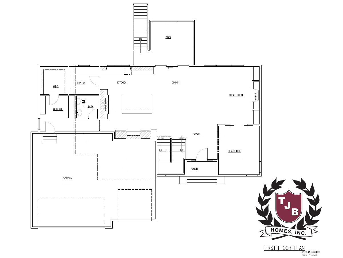 TJB #753 Home Plan First Floor Plan features great room, den or home office, kitchen with pantry, dining, powder bath, mud room with walk-in closet, deck, front porch, triple car garage