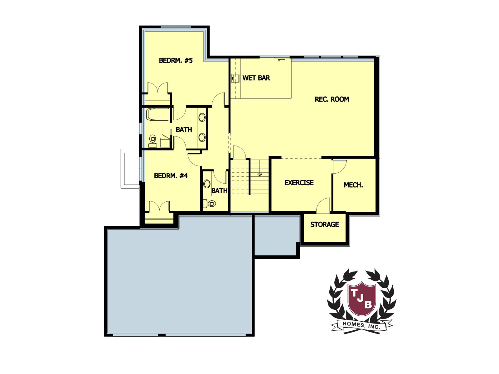 Basement Level Floor Plan features 2 Bedrooms with Jack-N-Jill Bath, Powder Bath, Exercise Room, Rec Room with Wet bar, Mechanical and Storage Rooms