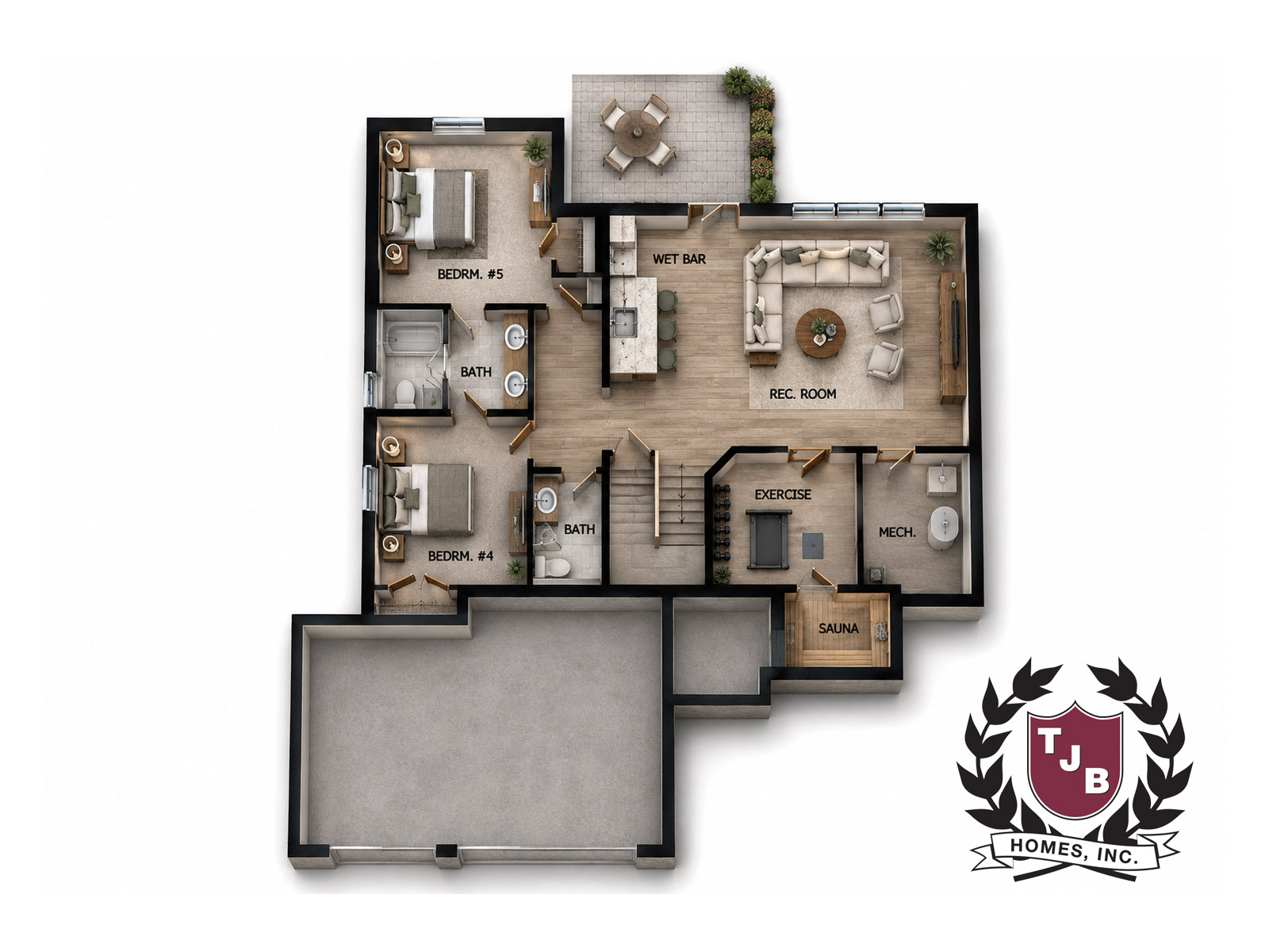 Basement Level Floor Plan features 2 Bedrooms with Jack-N-Jill Bath, Powder Bath, Exercise Room, Rec Room with Wet bar, Mechanical and Storage Rooms