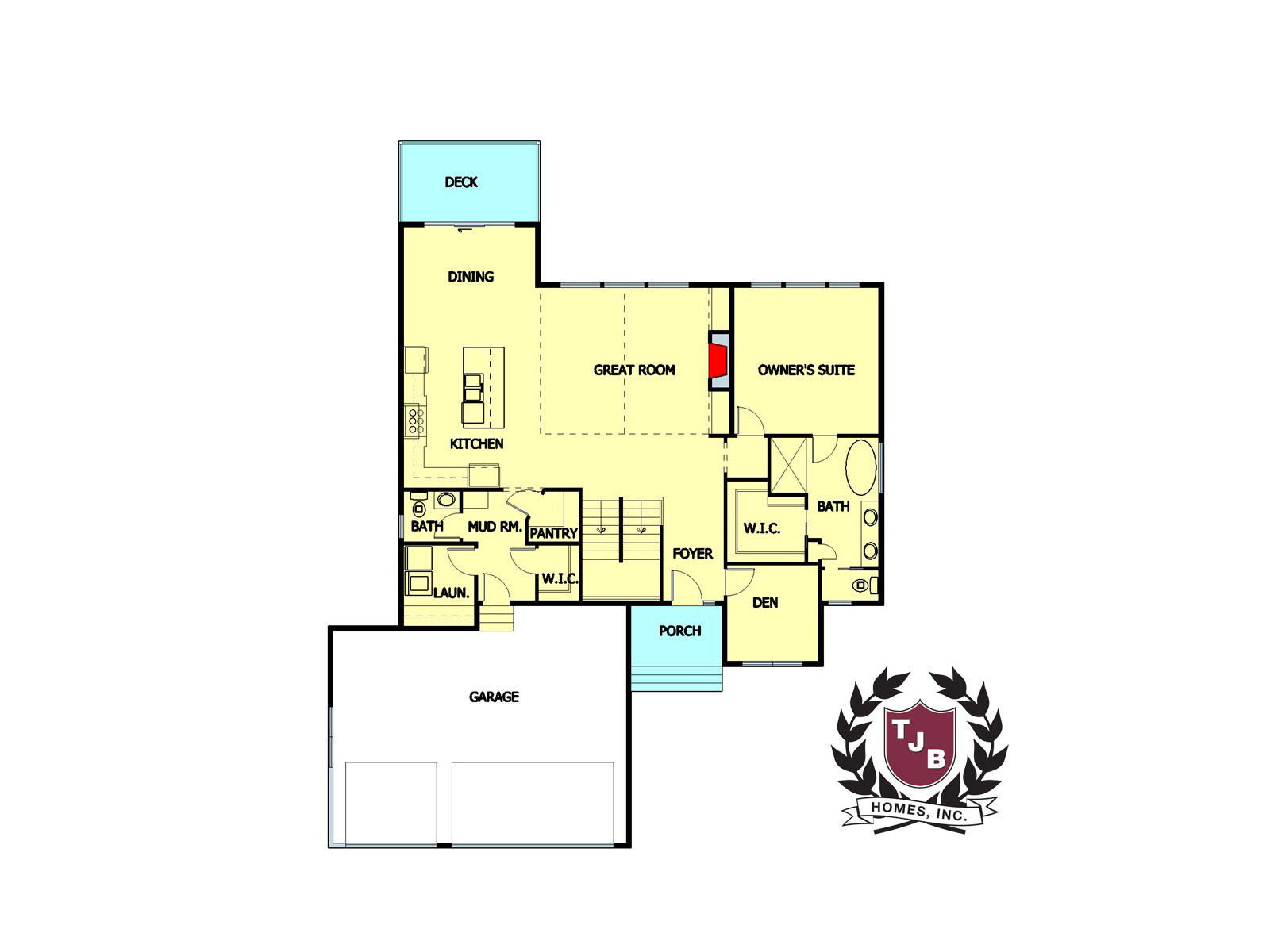 First Floor Plan features 3 Car Garage, Main Floor Bedroom Suite, Den, Kitchen, Great Room, Dining, Mud Room, Laundry Room, Deck