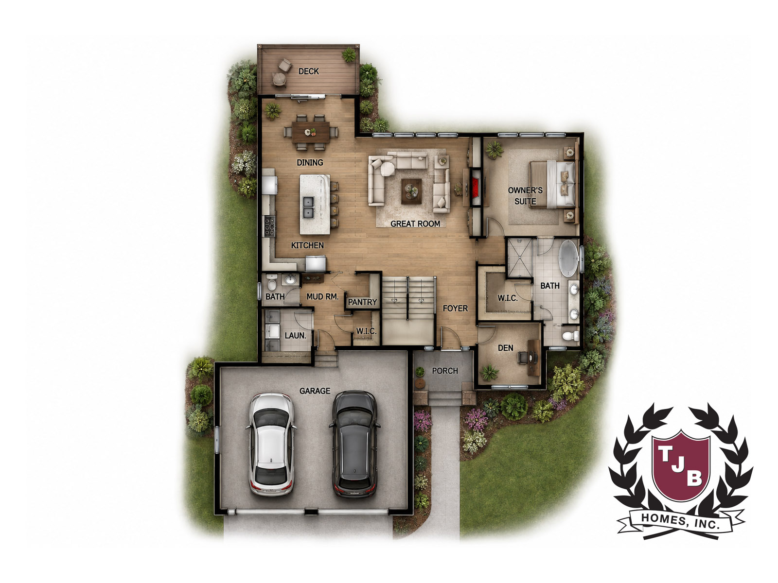 First Floor Plan features 3 Car Garage, Main Floor Bedroom Suite, Den, Kitchen, Great Room, Dining, Mud Room, Laundry Room, Deck