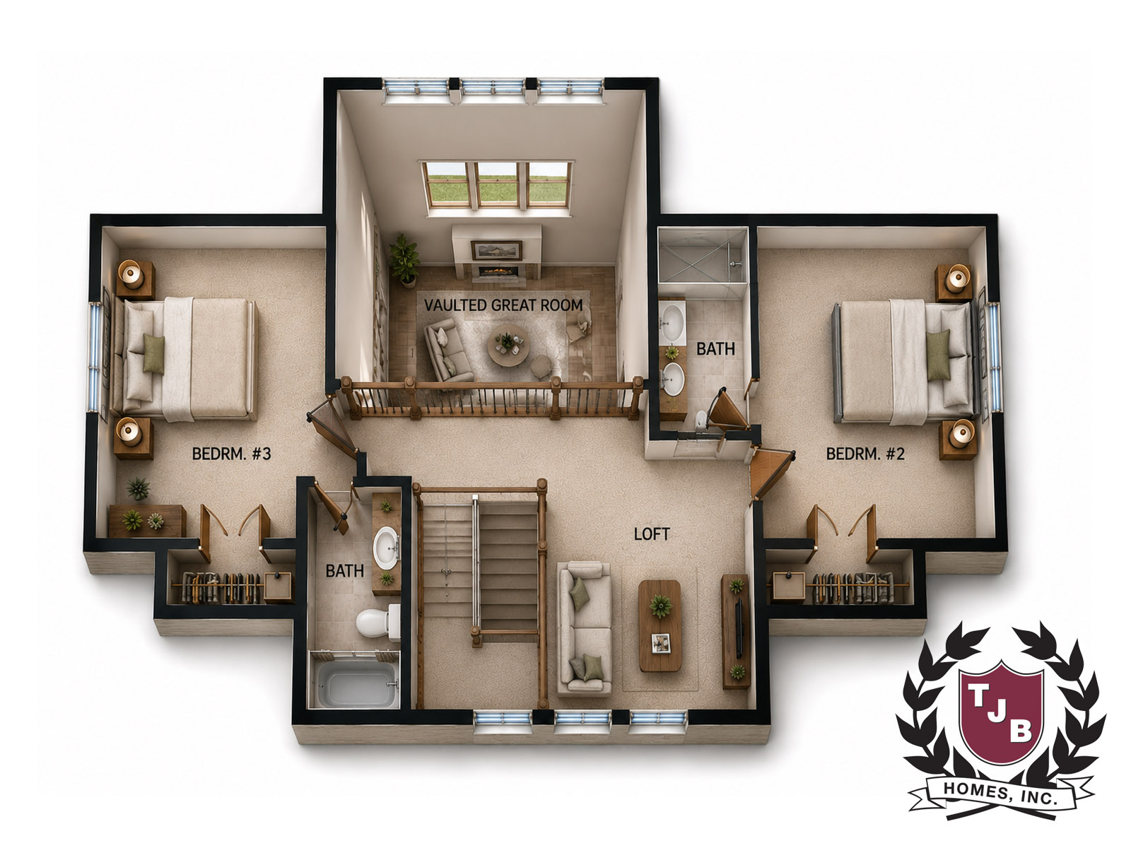 Loft Floor Plan features Two Private Bedroom En-Suites and Loft overlooking Great Room