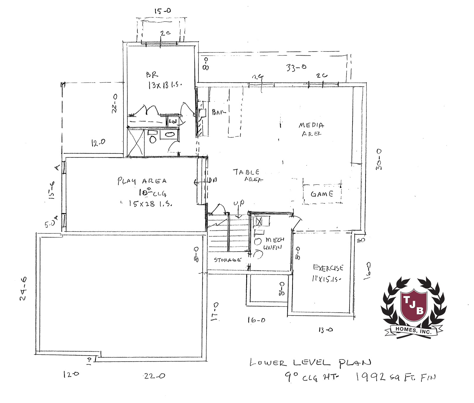 Lower Level Floor Plan features 1 Bedroom, Bath, Play Area, Exercise Room, Game Area, Table Area, Media area with Wet bar, Mechanical and Storage Rooms