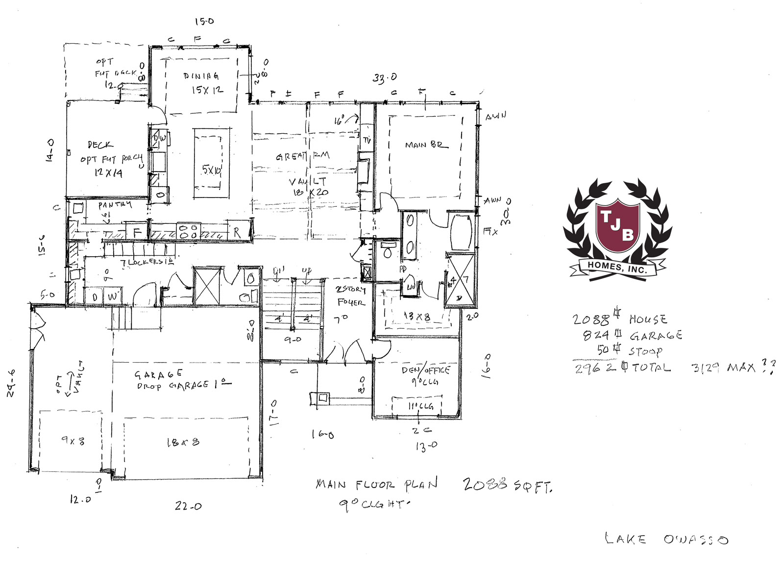 First Floor Plan features 3 Car Garage, Main Floor Bedroom Suite, Den, Kitchen, Great Room, Dining, Mud Room, Laundry Room, Deck