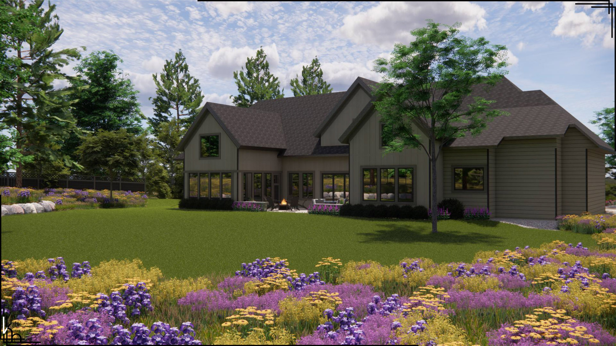 Color rendering of rear of home and back yard landscaping