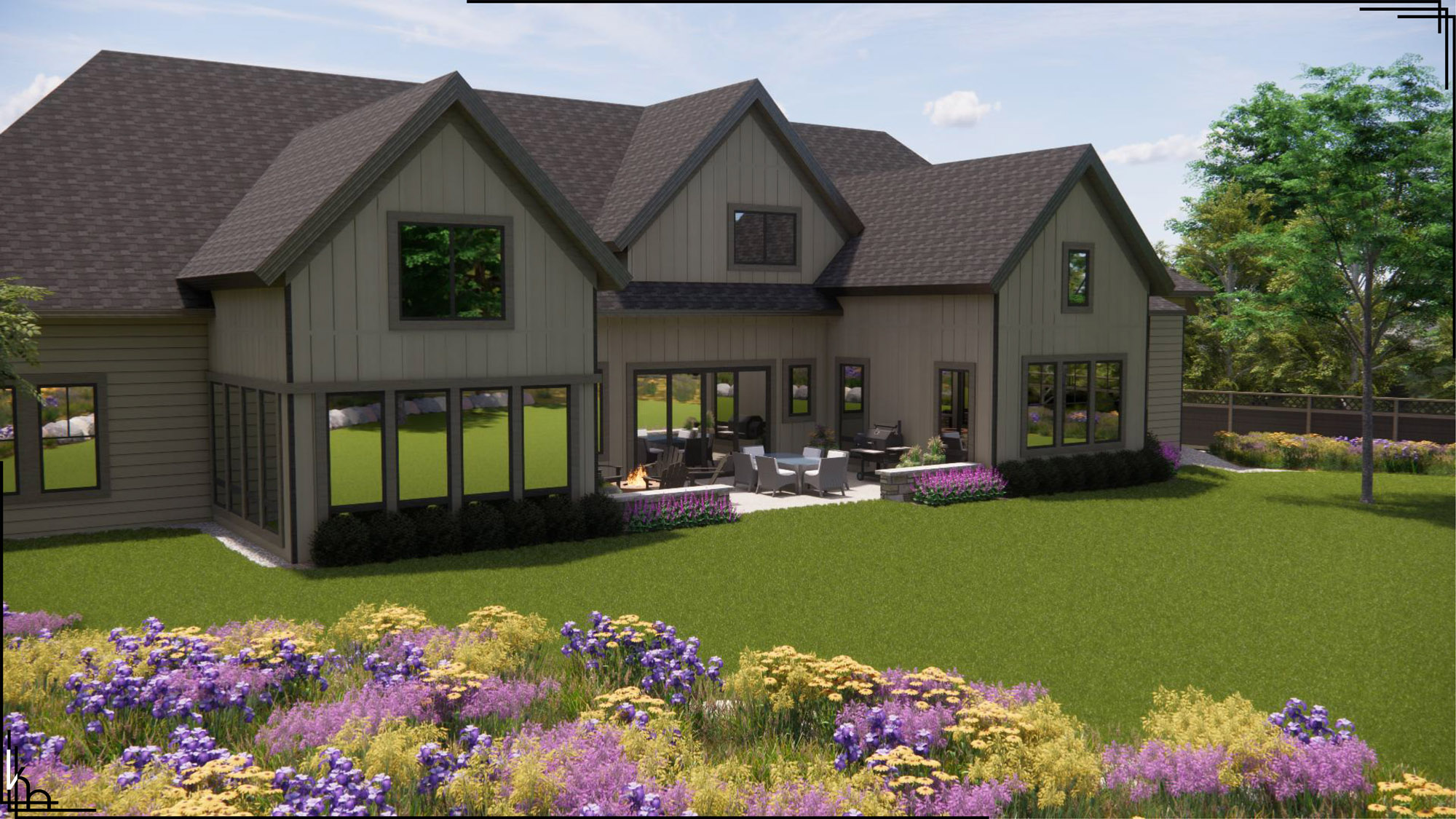 Color rendering of rear of home and back yard landscaping