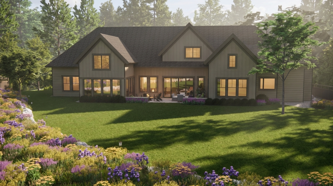 Color rendering of home rear including landscaping