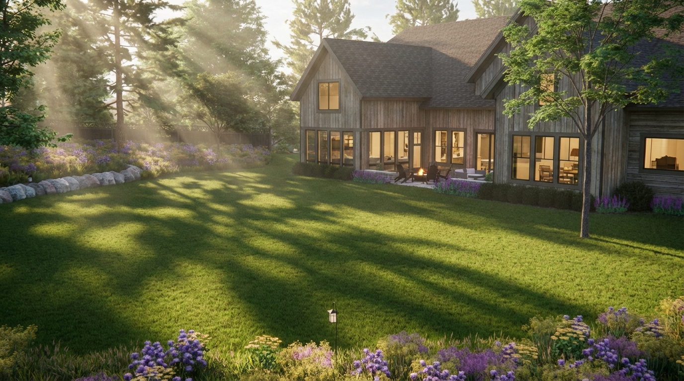 Color rendering of home rear including landscaping