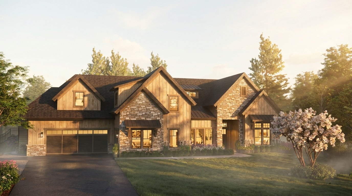 Color rendering of home front including landscaping