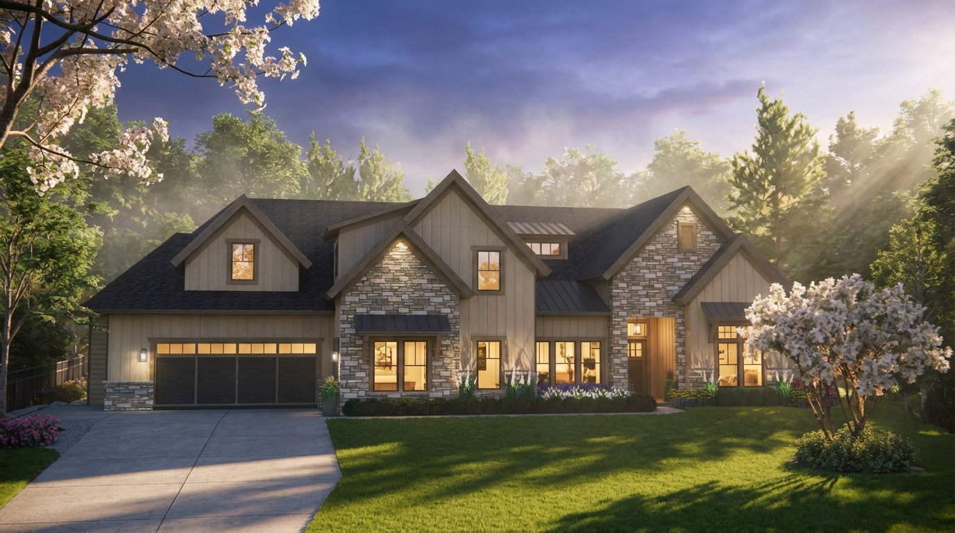 Color rendering of home front including landscaping