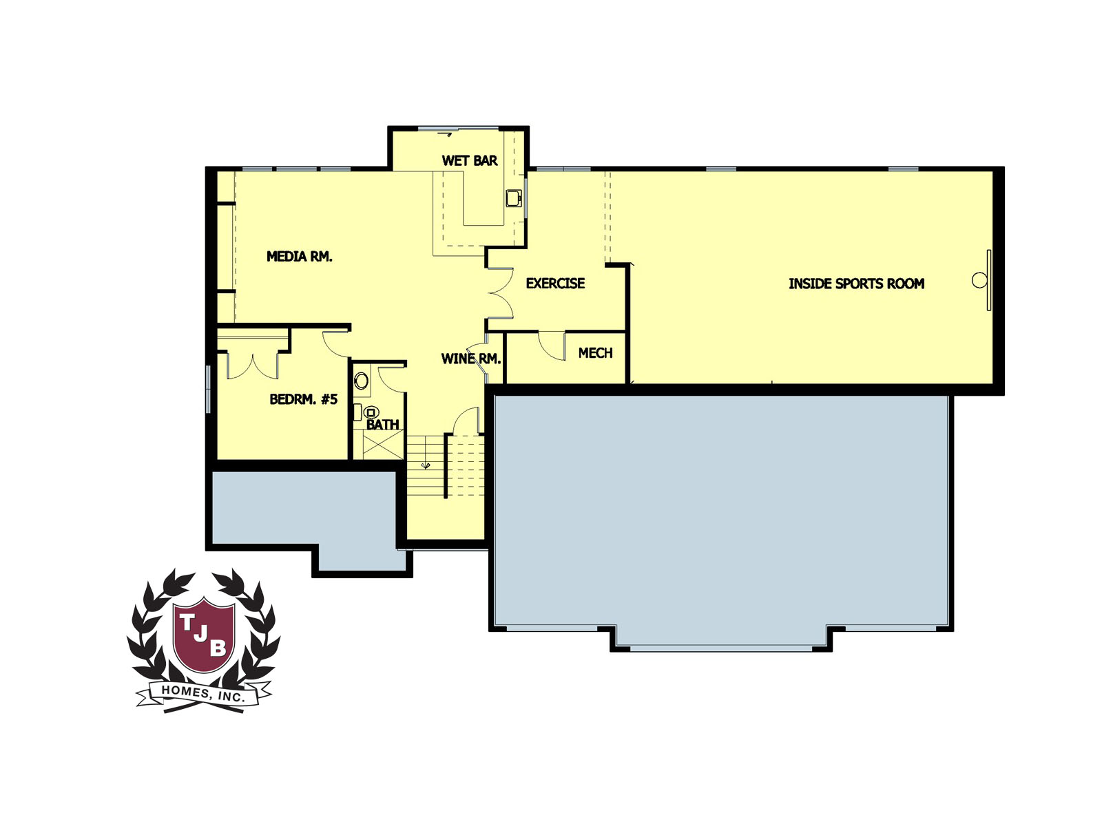Lilly III Home Plan Color Basement Floor Plan features Indoor Sports Room&trade;, Rec Room with Wet Bar, Exercise Room, Mechanical Room, Additional Bedroom and Bathroom