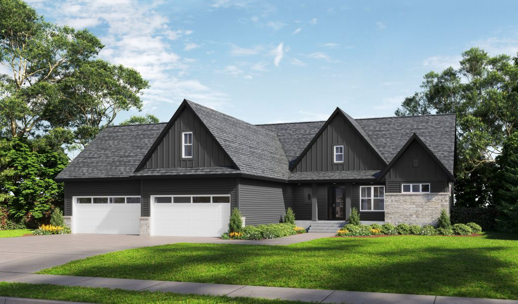 Kristy home plan rendering Kristy TJB 822 home rendering with front porch and four-car garage