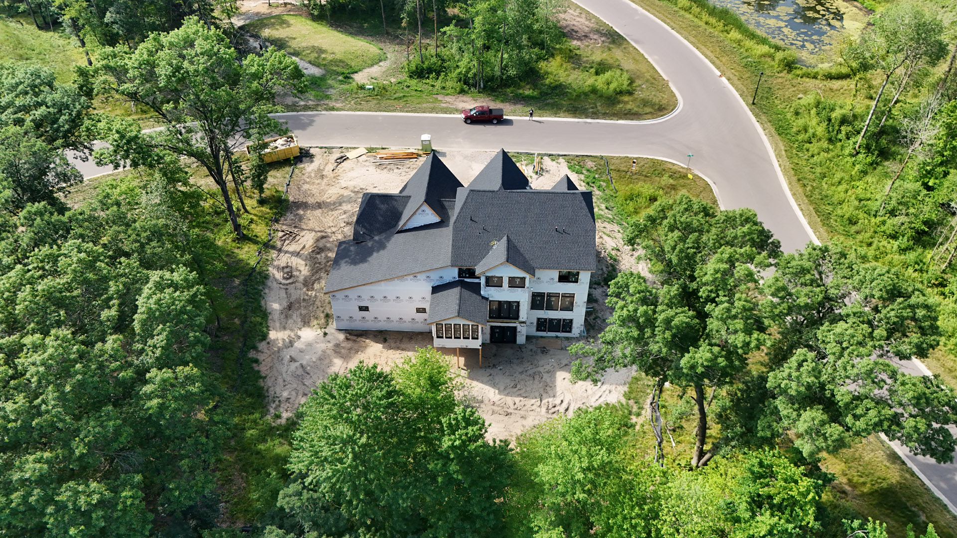 Drone view of The Madison on 1.7-acre setting